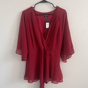 City Chic Womens Sz 18 2X Top Blouse Smocked Tie Back Surplice Red Lined Flutter